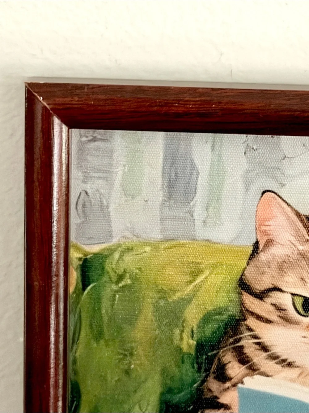 Cozy Cat Reading a Book on Green Couch Canvas Art Print Vintage Style Framed